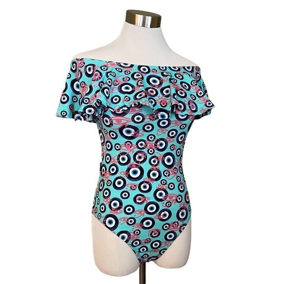 Carol Catugy Brazil Womens M Bodysuit Blue Evil Eye of Horus Print Off Shoulder - Picture 1 of 8